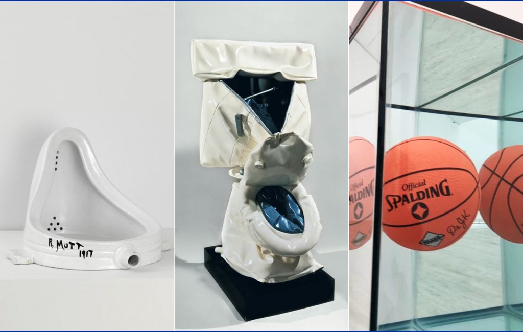 Collage of Fountain by Marcell Duchamp, Soft toilet by Claes Oldendburg, and Jeff Koons Equilibrium basket ball