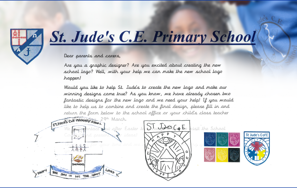 Letter inviting parents to help collaged with pupils winning designs and the existing school logos