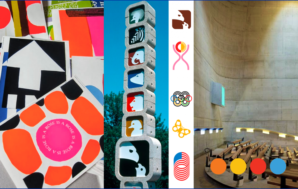 Collage showing the work of Sister Corita Kent, Lance Wyman and le Corbusier