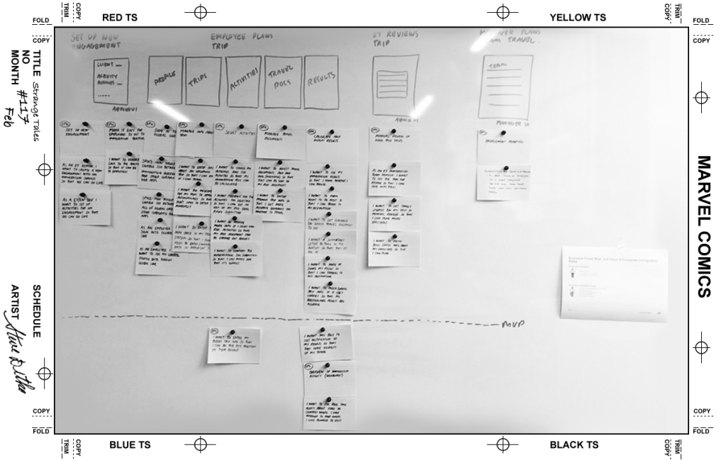 Story Planning, a white board with user story cards pinned on it.The cards are prioritised and arranged against the core user experience