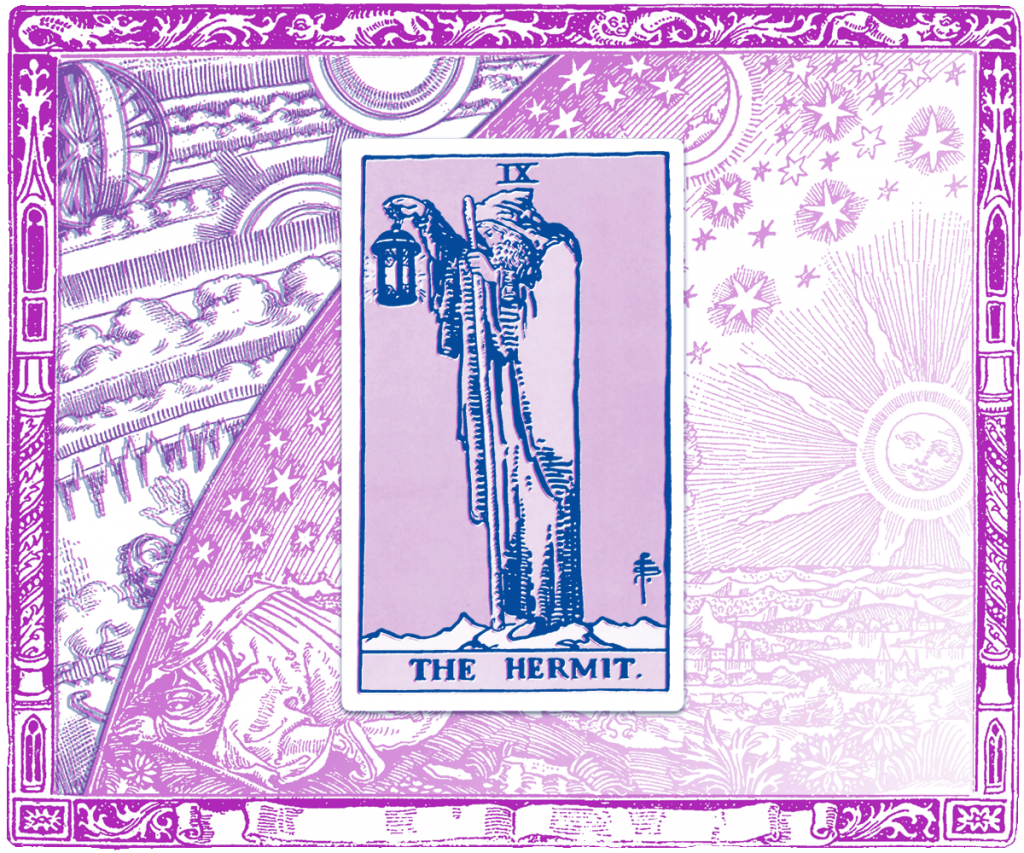 Tarot card showing the Hermit on top of Camille Flammarion's engraving of a man peering out of the atmosphere at space