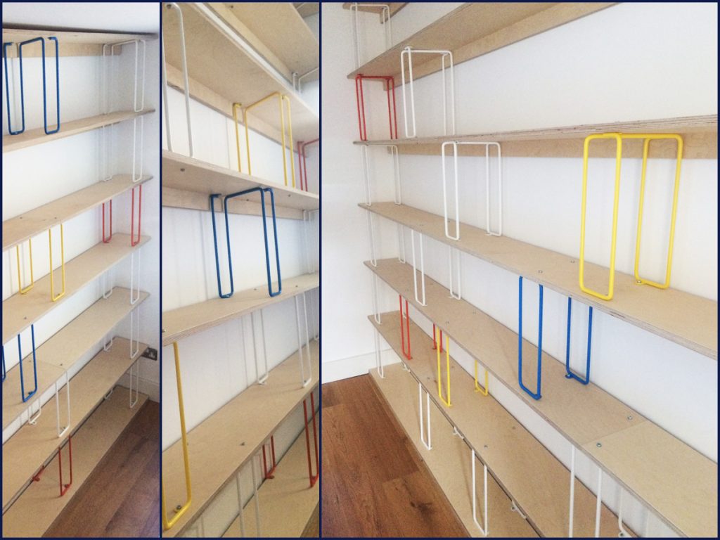 Plywood shelves with bent wire frame shelf supports