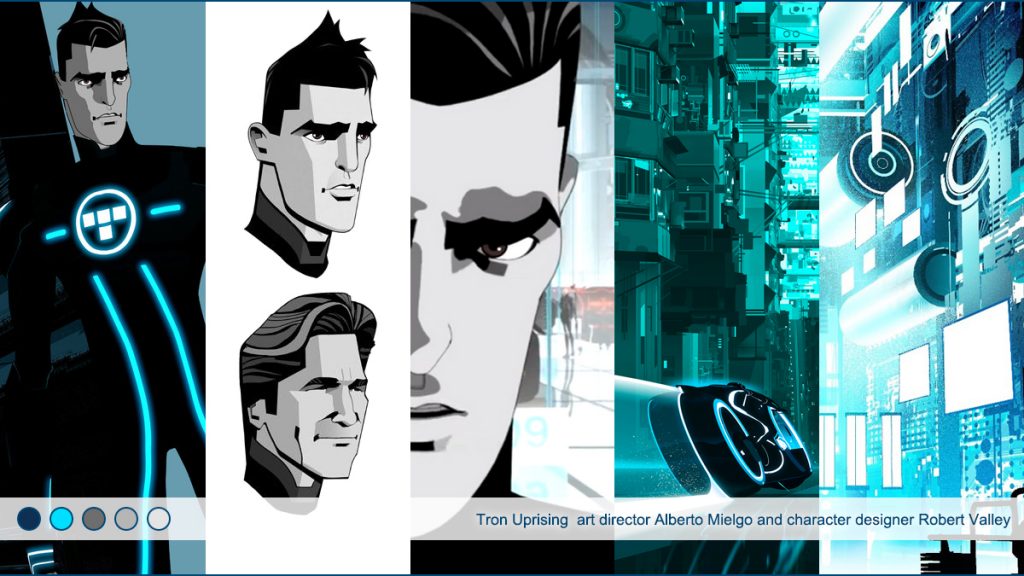 Examples of Tron uprising characters and background artwork.