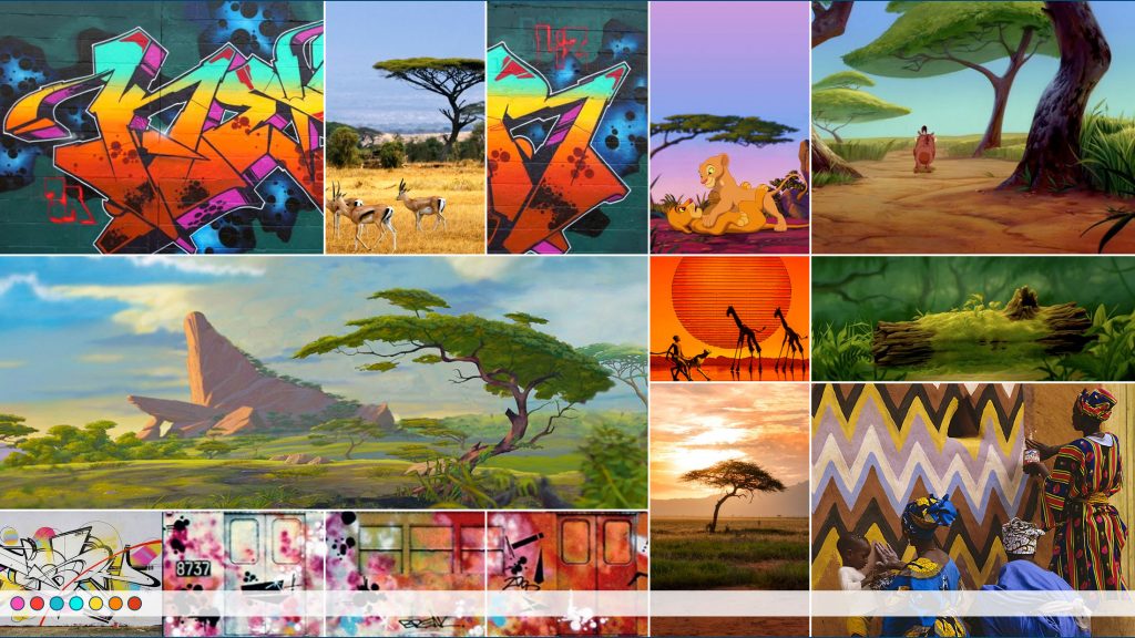 Collage of African patterns, street graffiti, and stills from the film.
