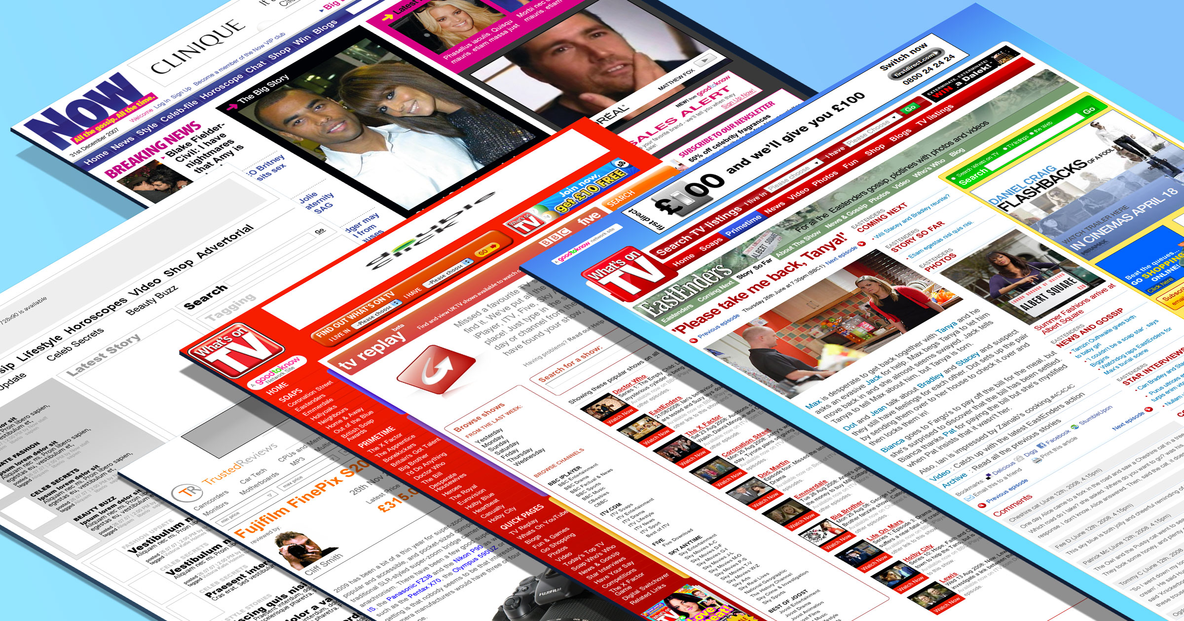 Collage of IPC websites, Now magazine, Whats on TV and Trusted review