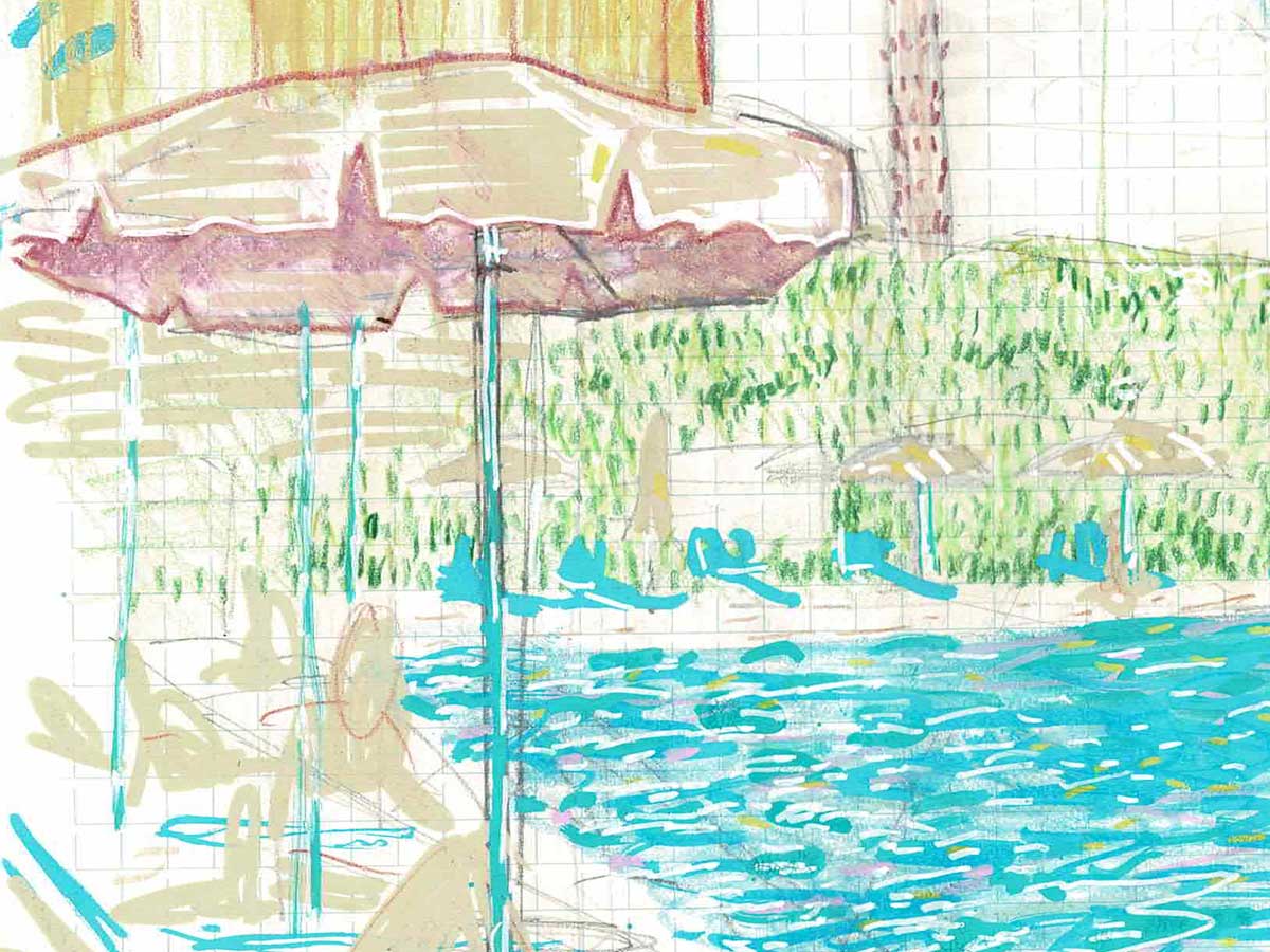Detail of watercolour sketch of a swimming pool and an umbrella shade