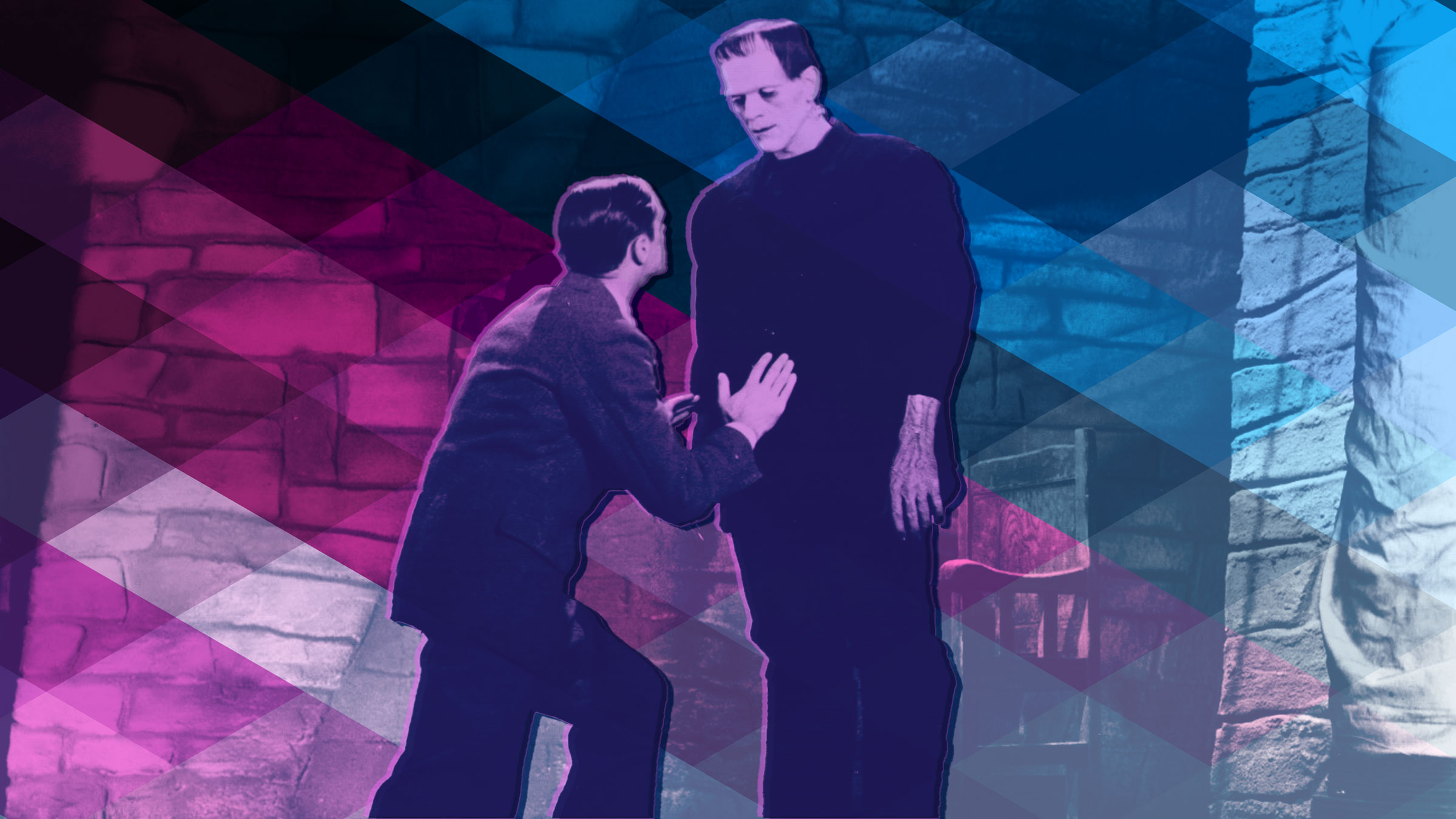 A movie still, colour tinted with blues and pinks from James Whale’s Frankenstein (1931) the Doctor confronts the monster in his castle.