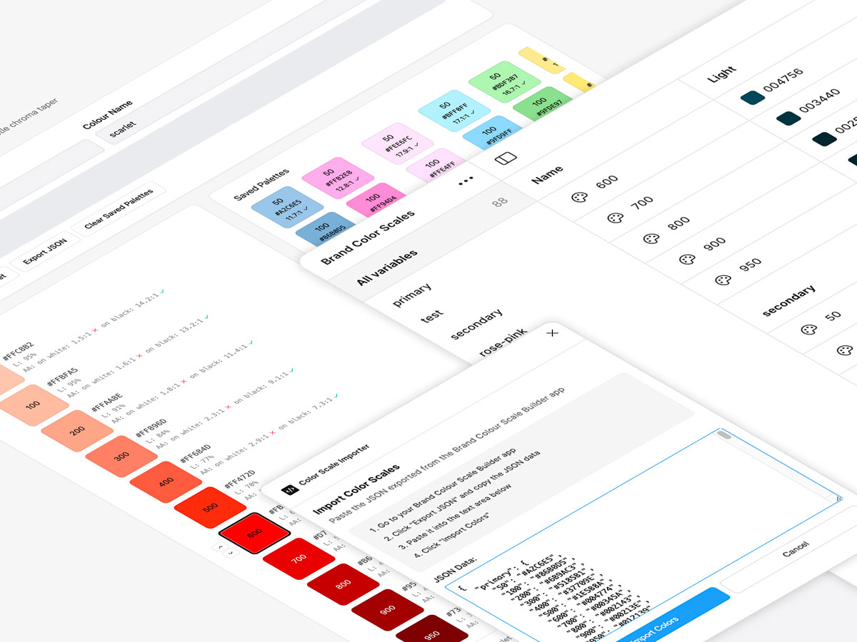Isometric collage of screens from,colour generating app and colours uploaded into Figma as variables