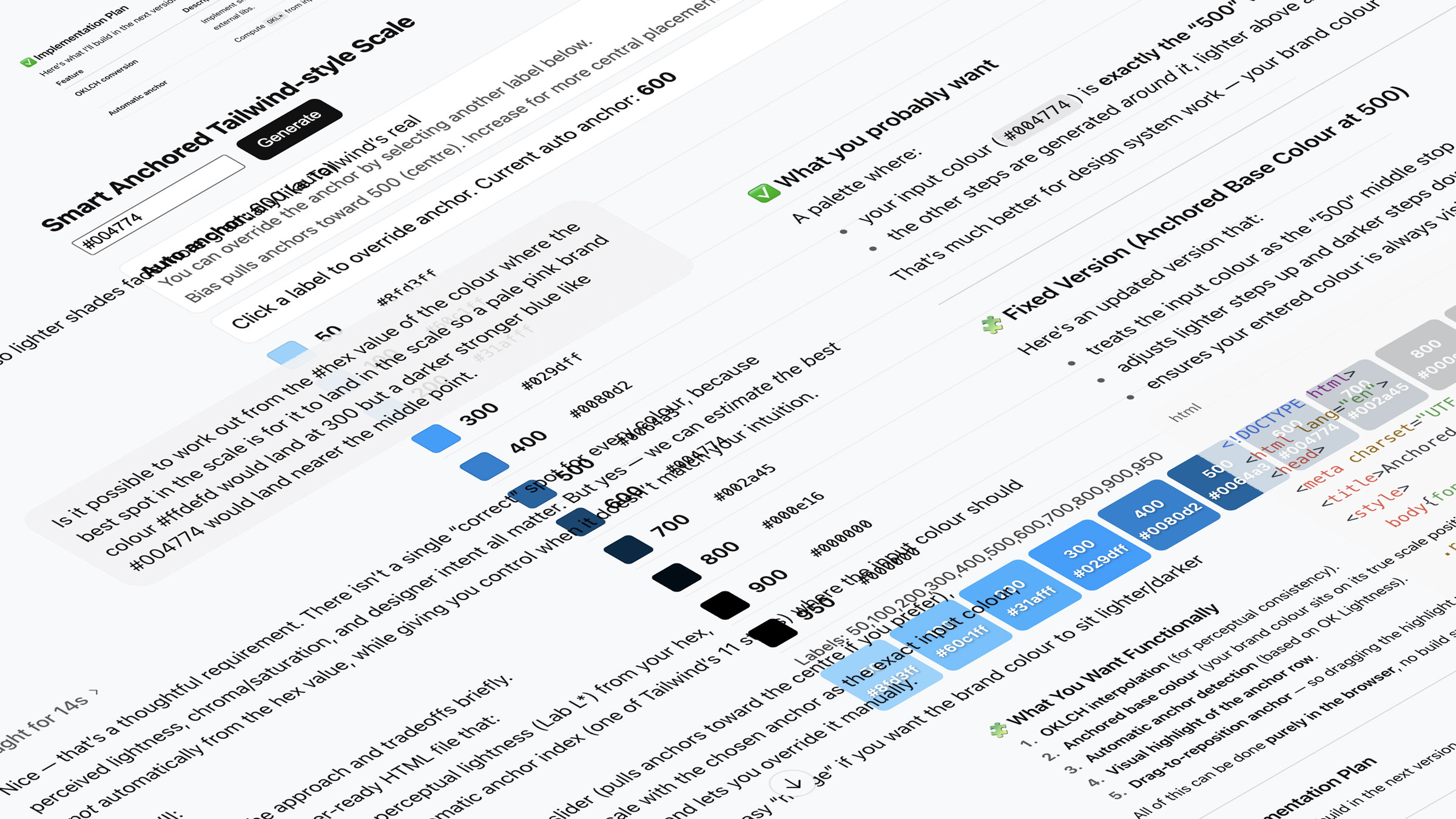Isometric collage of Chat GPT prompts to create an html and json version of a smart anchored tailwind style scale