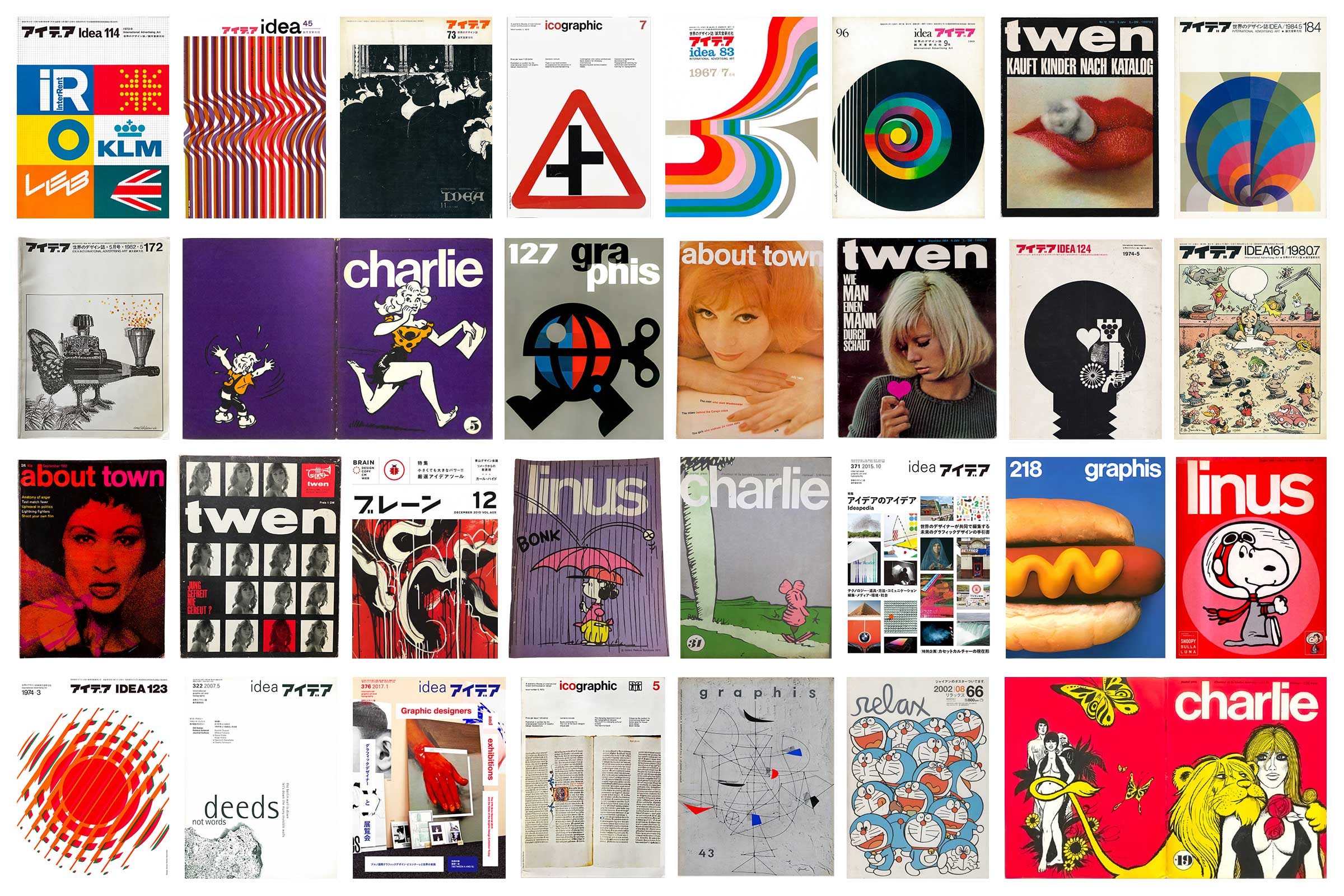 Collection of vintage magazine covers with a sans serif modern font as their masthead. Idea magazine japan, twen from Germant, Charlie mensuel from France, About Town and Graphis from the UK.